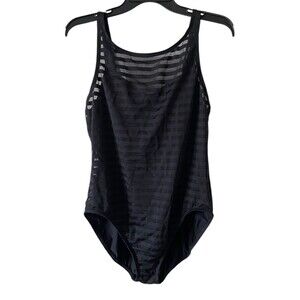 Anne Cole Black Stripe Mesh One Piece Swimsuit Size 16 Sheer Panel Scoop Back